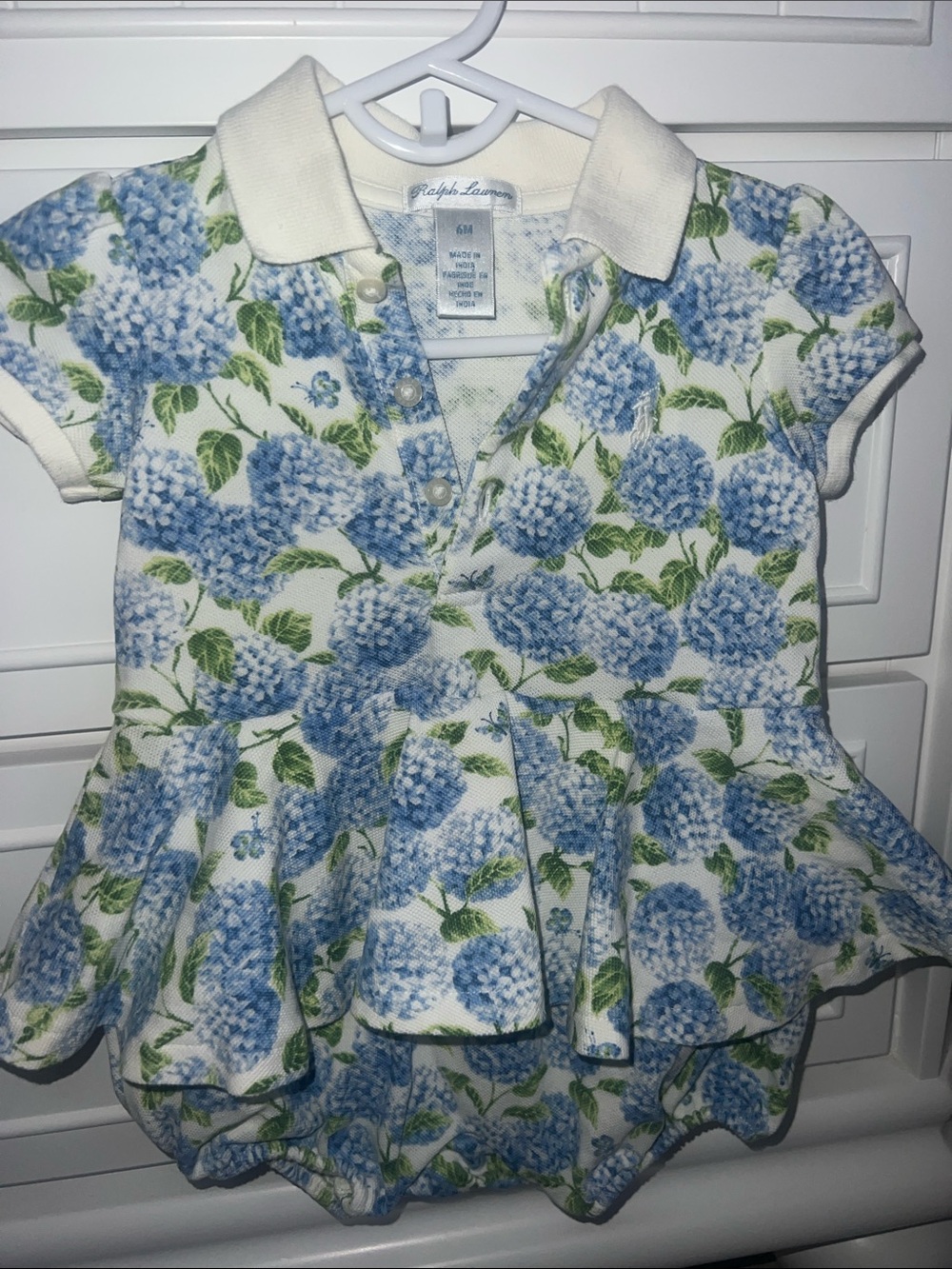 New Ralph Lauren Baby Girls Blue Hydrangea Polo Dress onsie